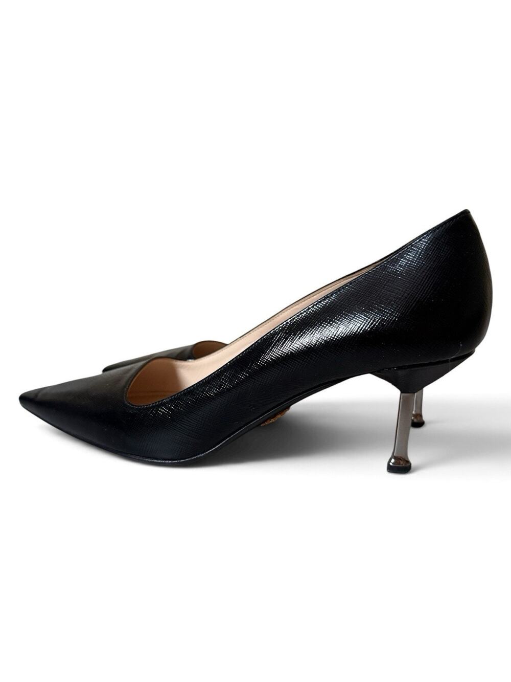 PRADA 90s Y2K Black Leather Pointed Toe Metal Kitten Heel Pumps 39 Italy 8.5